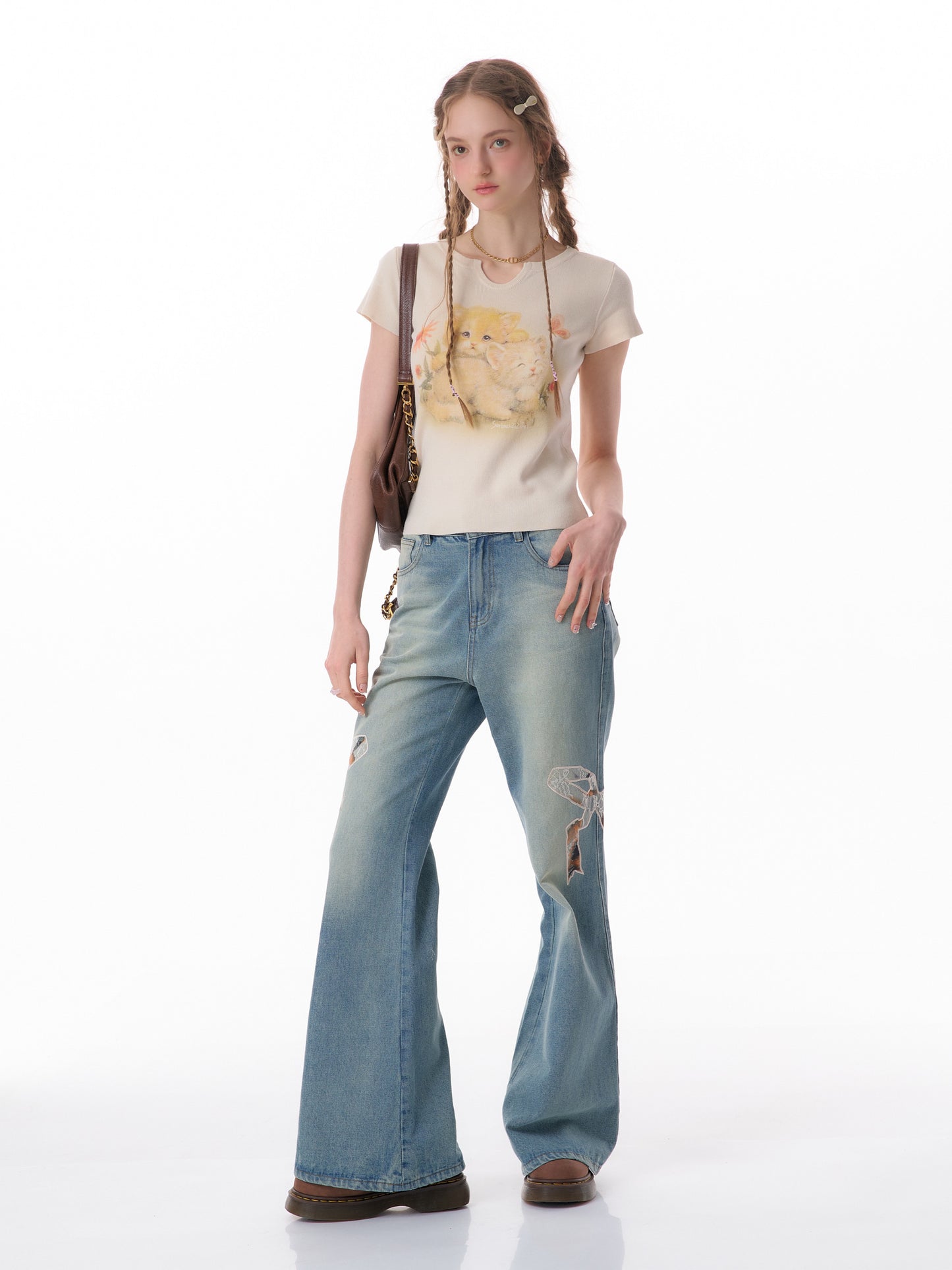 High Waist Bow Patch Wide Leg Straight Jeans