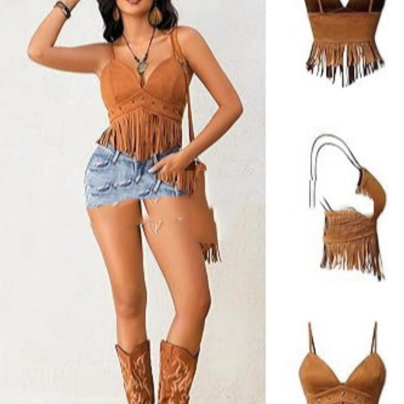 Womens Fringed Sleeveless Spaghetti-Strap Faux Suede Vintage Top