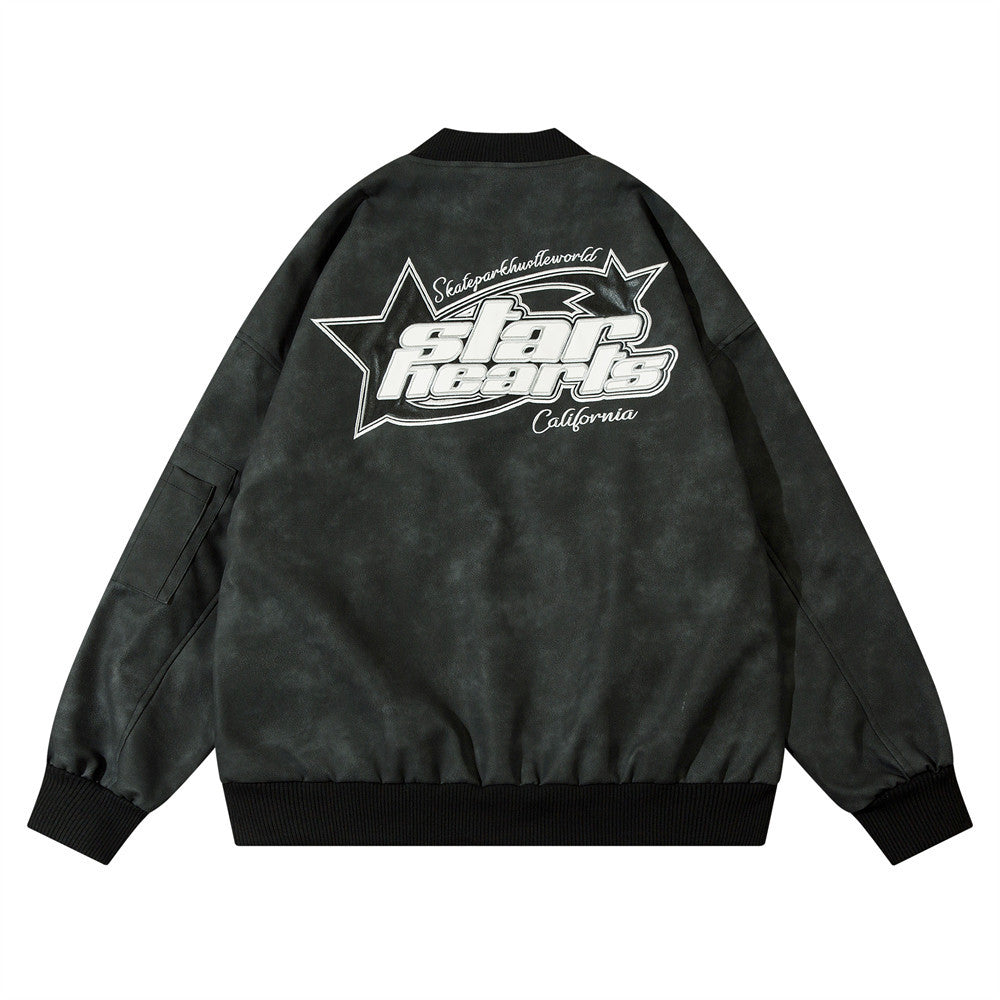 Ins American-style Street Fashion Leather Embroidered Letter Baseball Uniform Jacket