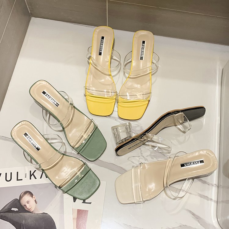 One-word Transparent Sandals And Slippers Women's Crystal With Thick Heel