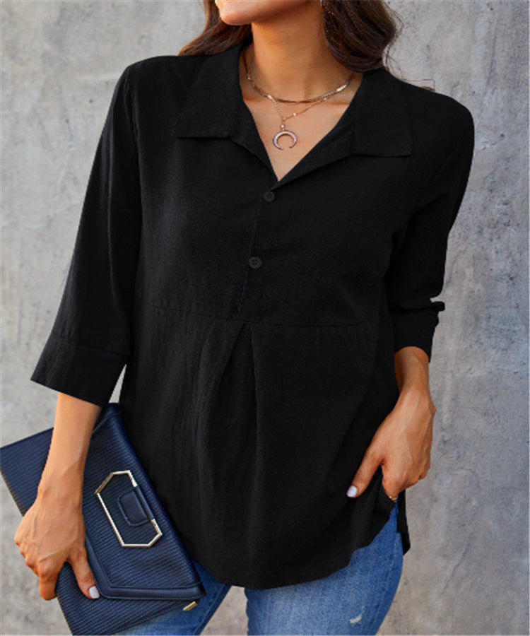Solid-color Lapel-neck Slit Peplum Three-quarter-sleeve Womens Shirt