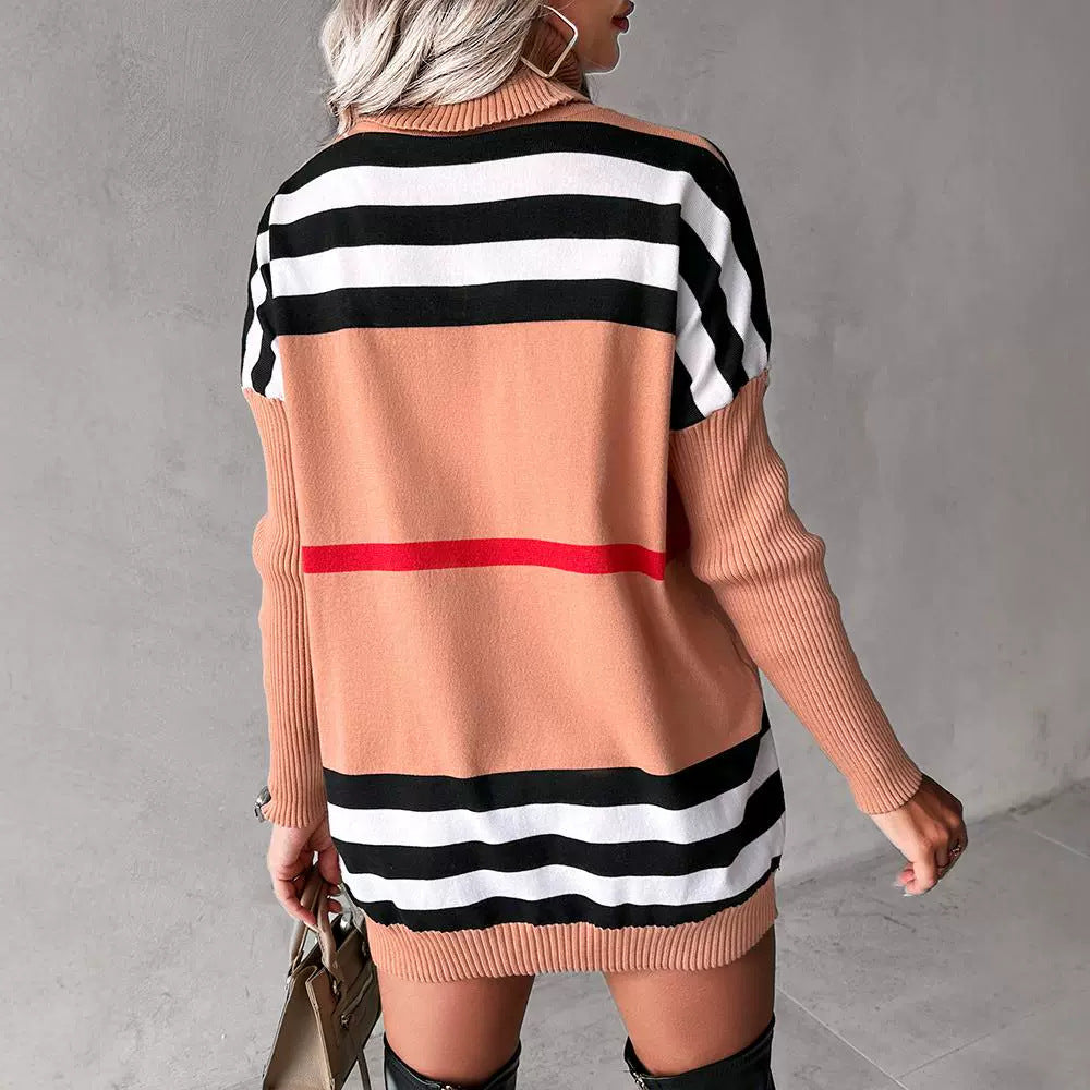 Women's Fashion Striped Contrast Color Turtleneck Sweater