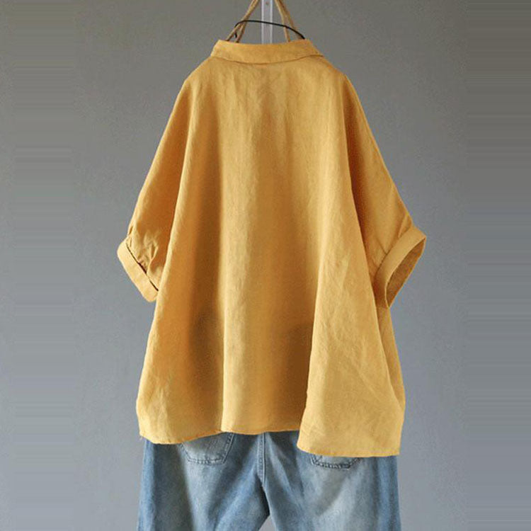 Stand Collar Loose Cotton Linen Solid Color Foreign Trade Women's Clothing Shirt
