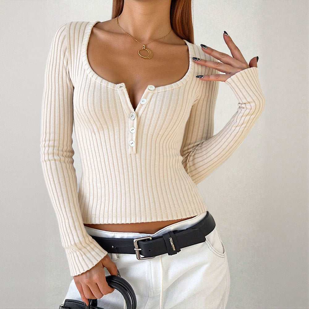 American-style Semi-open U-neck Knitwear Long-sleeved Button-up Elegant Slim-fit Top