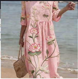Women's Loose Round Neck Fashion Premium Long Sleeve Printed Dress