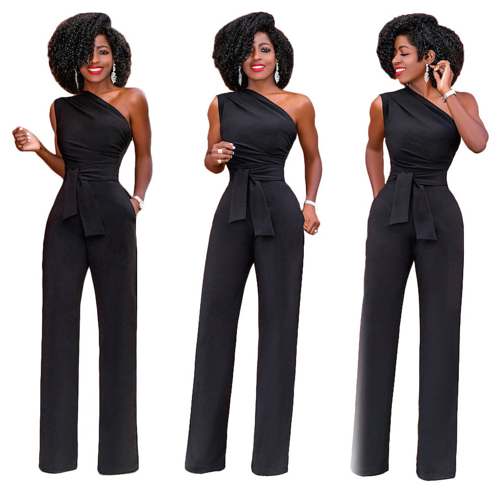 Solid-color Slanted-collar Buttoned Jumpsuit With Wide Legs