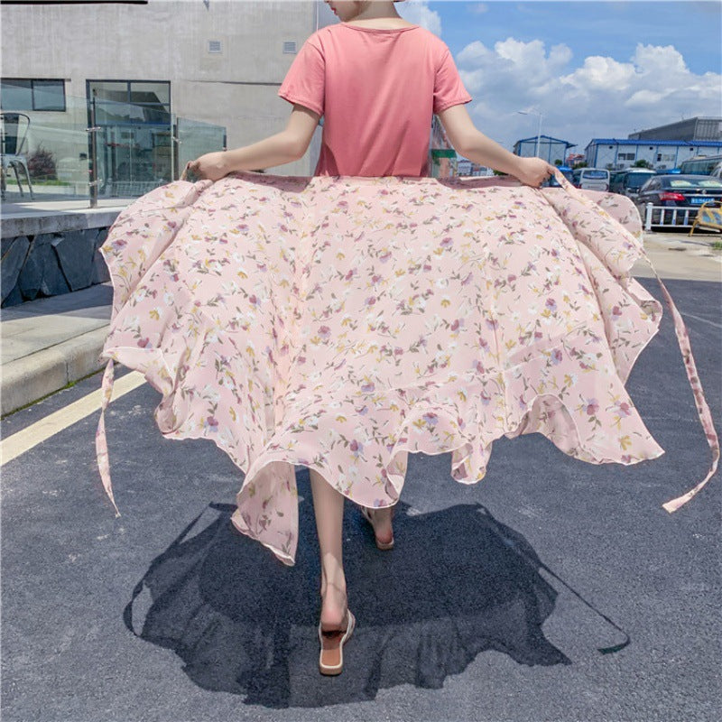 Vacation Style Floral Skirt Chiffon Dress Skirt One-piece Ruffled