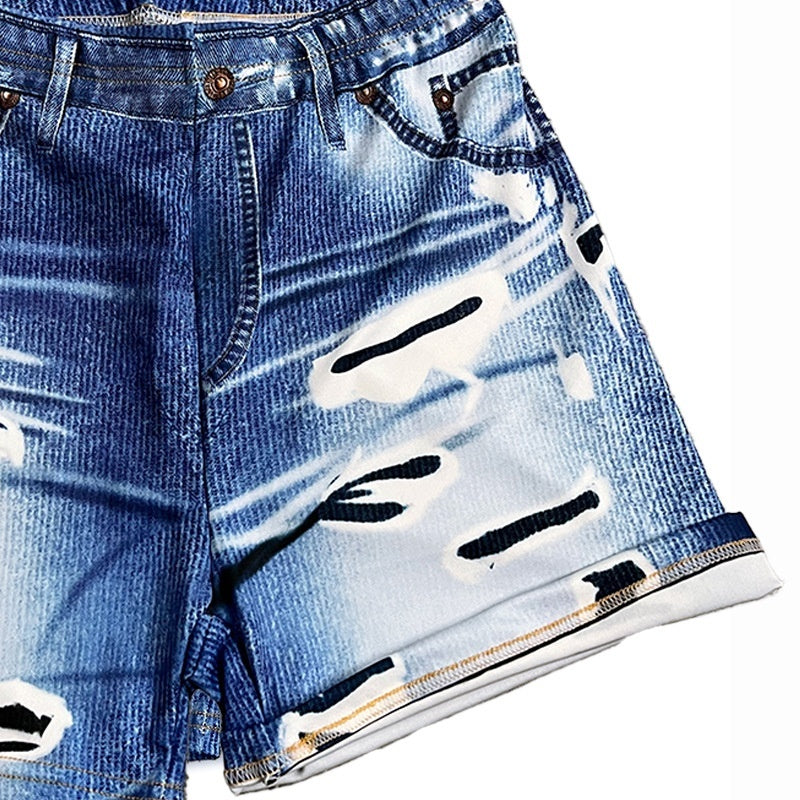 Ripped-look Denim-style Printed Three-quarter Pants