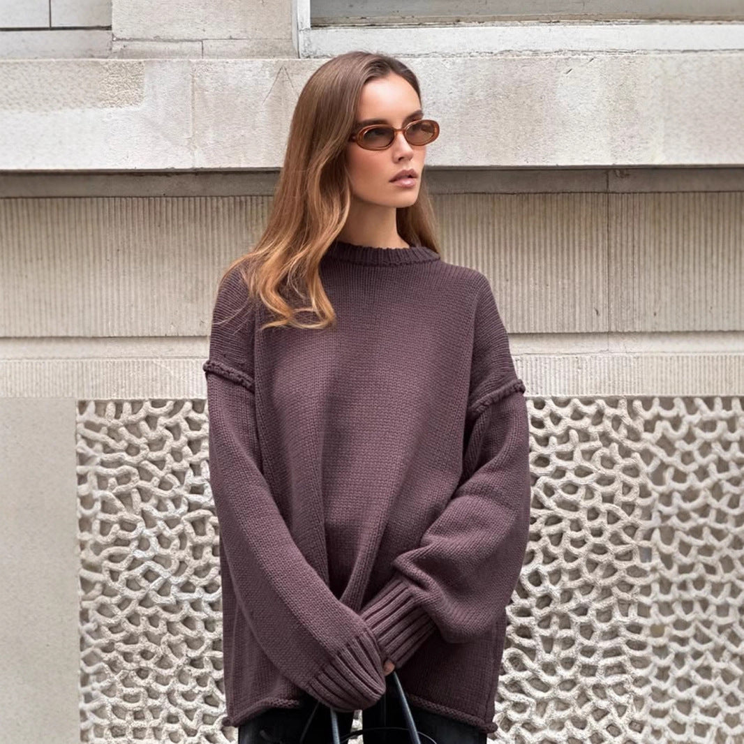 Round Neck Reverse Sweater Solid Color Casual Knitted Top