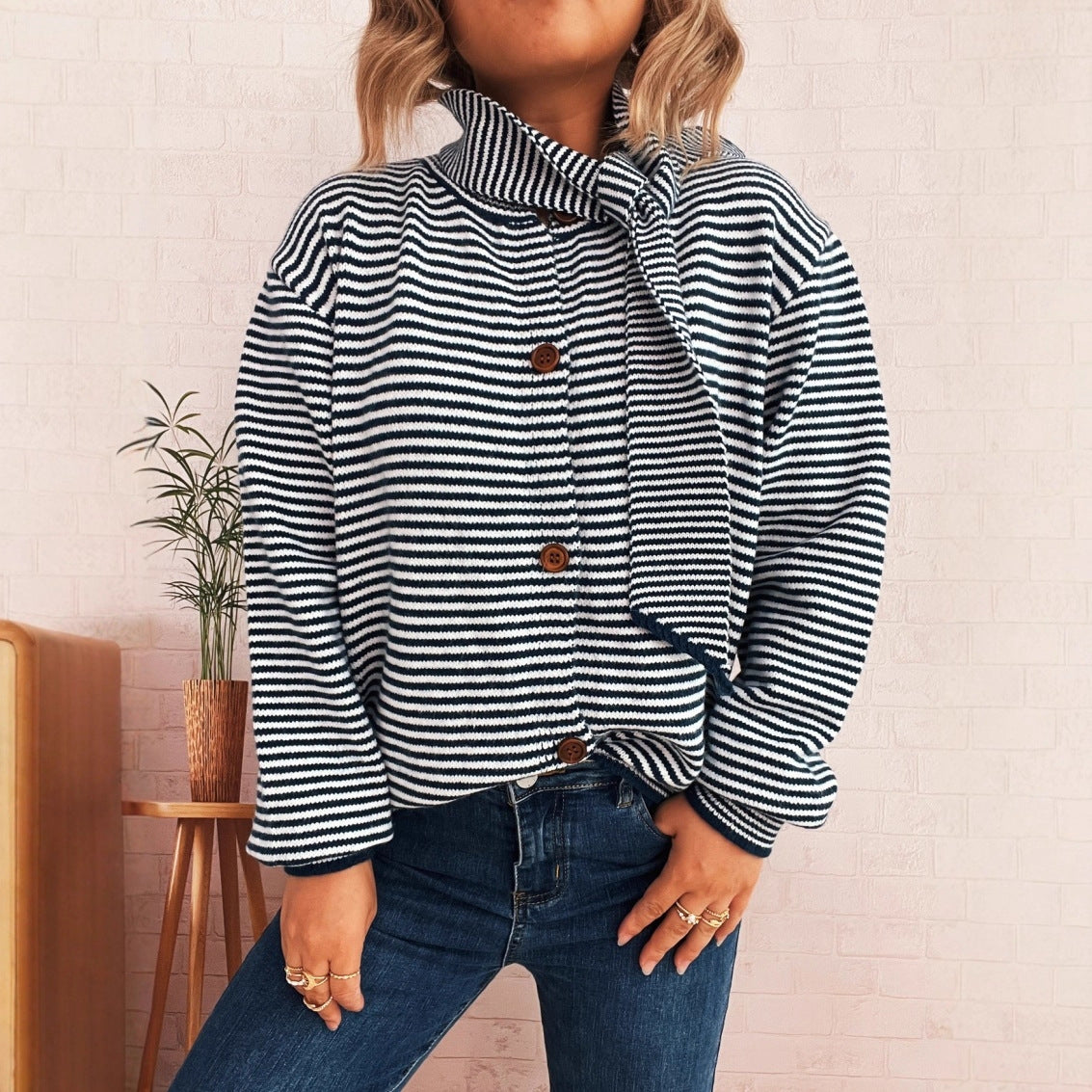 Elegant Retro Pinstripe Single-breasted Scarf Knitted Cardigan Sweater