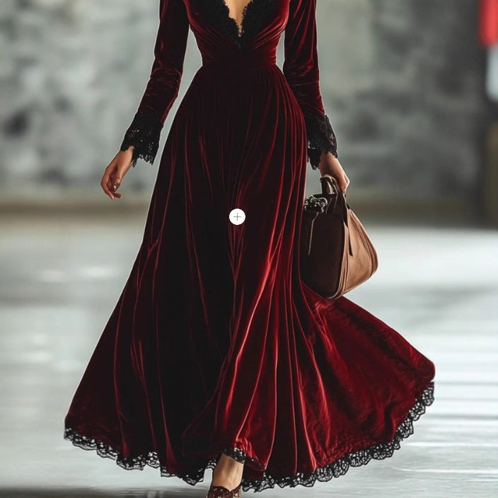 Retro V-neck Lace-seam Long-sleeve Maxi Dress