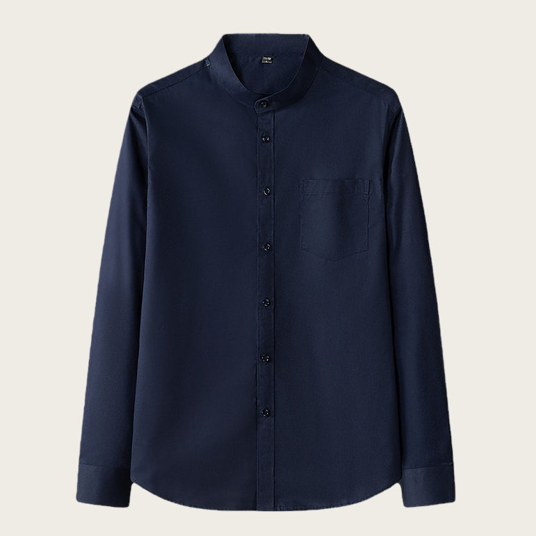 Men's Stand Collar Long Sleeve Slim Fit Solid Color Pocket Shirt