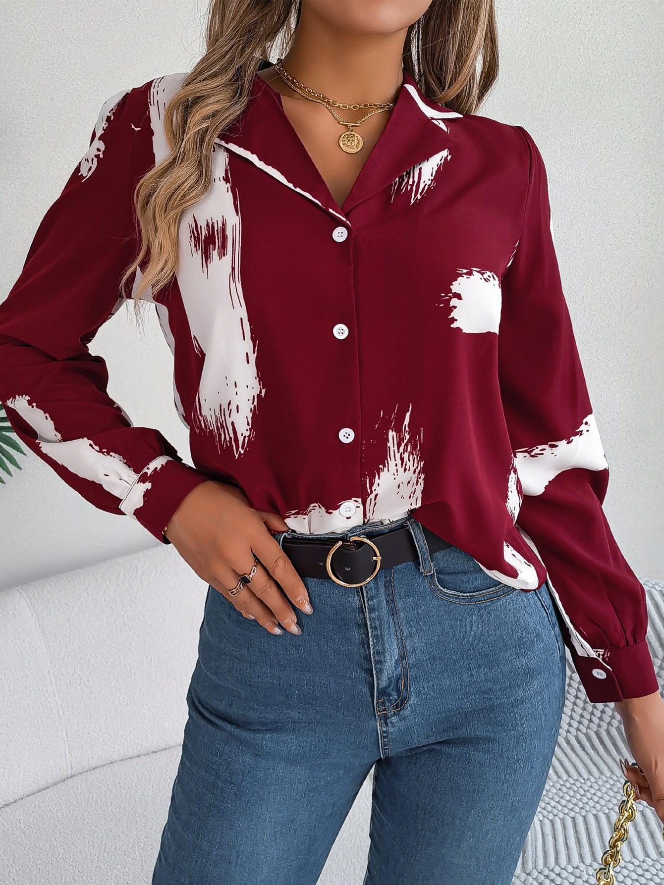 European And American-style Chic Contrast-striped Blazer-collar Long-sleeve Shirt