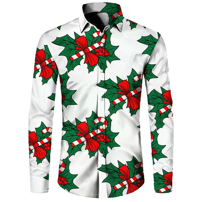 Funny Christmas Theme Digital 3D Printing Men's Button Lining Casual Long Sleeve
