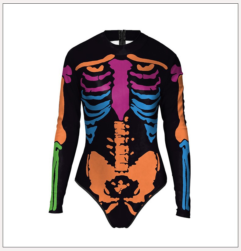 Women's Long-sleeved 3d Digital Printing Skull Skeleton One-piece Swimsuit