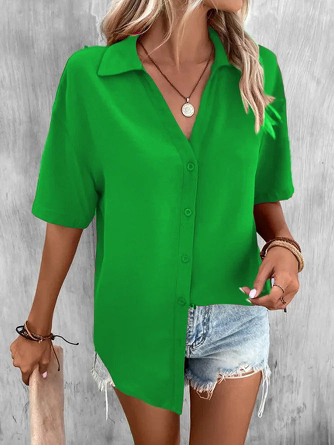 Temperament Pure Color V-neck Shirt Women's Top Short Sleeve