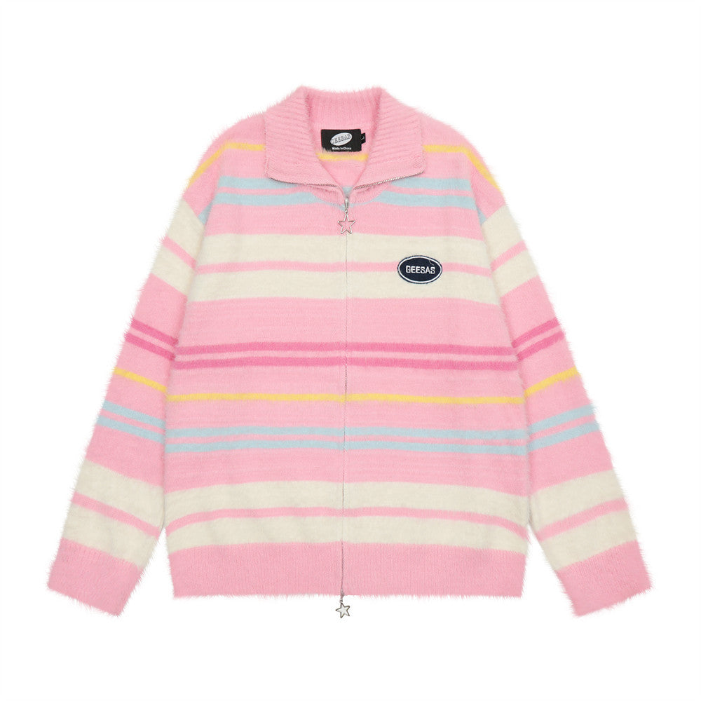 Europæisk og Amerikansk Street Trendy Stribet Strikket Cardigan Sweater