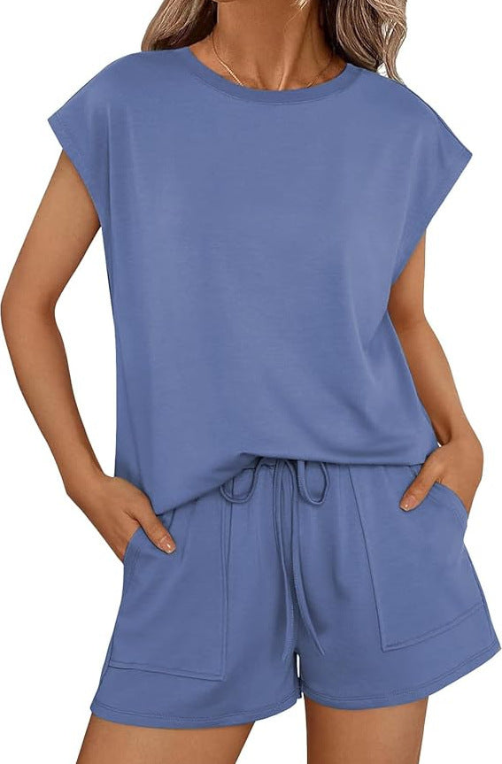 Women's Fashionable Casual Two-Piece Set Crew-Neck Short-Sleeve Top And Shorts