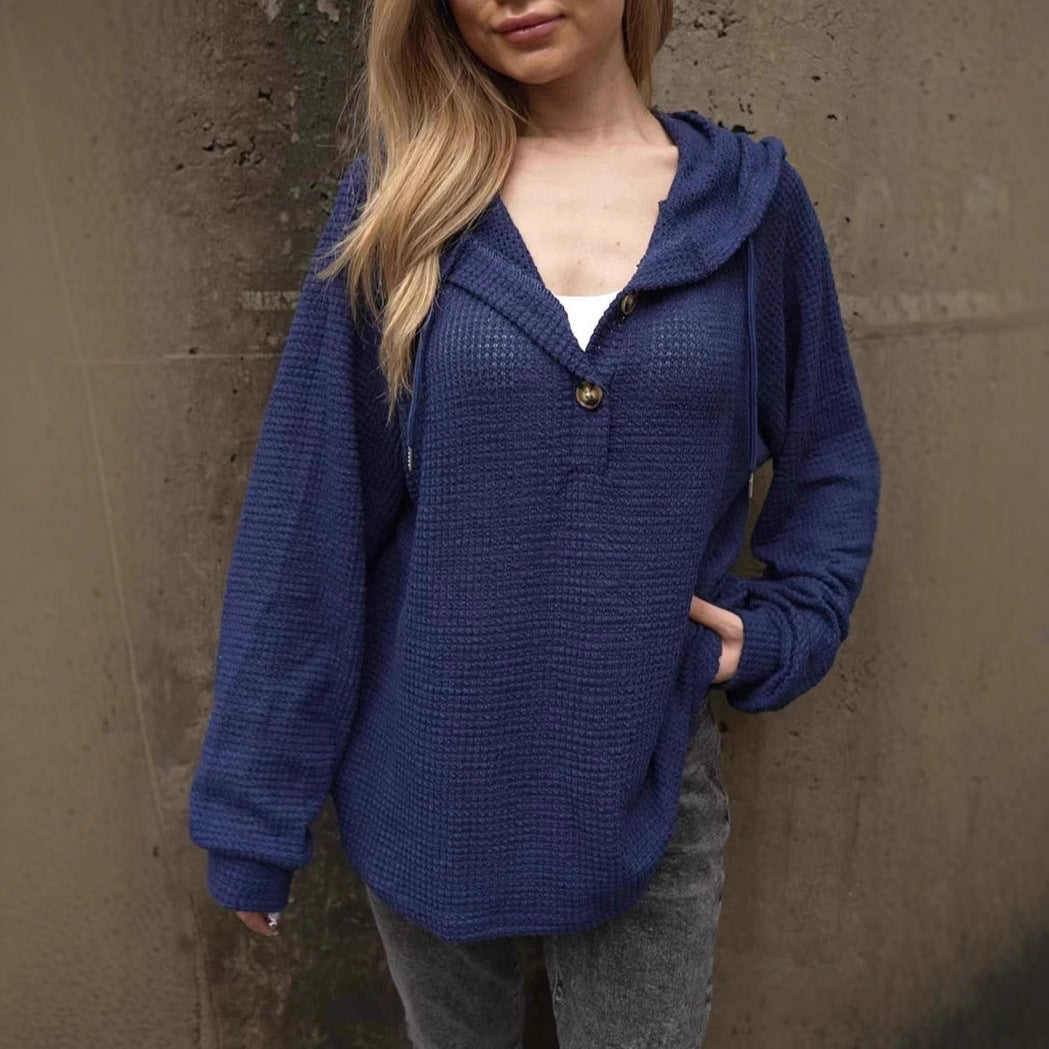Ensfarvet hættetrøje med snøre V-udskæring Casual Løstsiddende langærmet sweatshirt