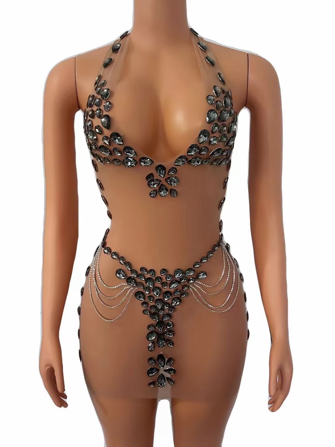 Women's Fashionable See-through Rhinestone Dress