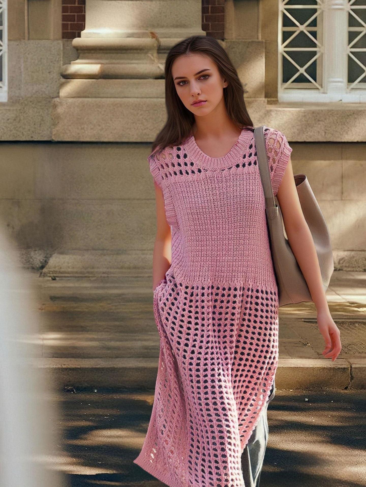 Hollow-out Slit Knit Layered Dress