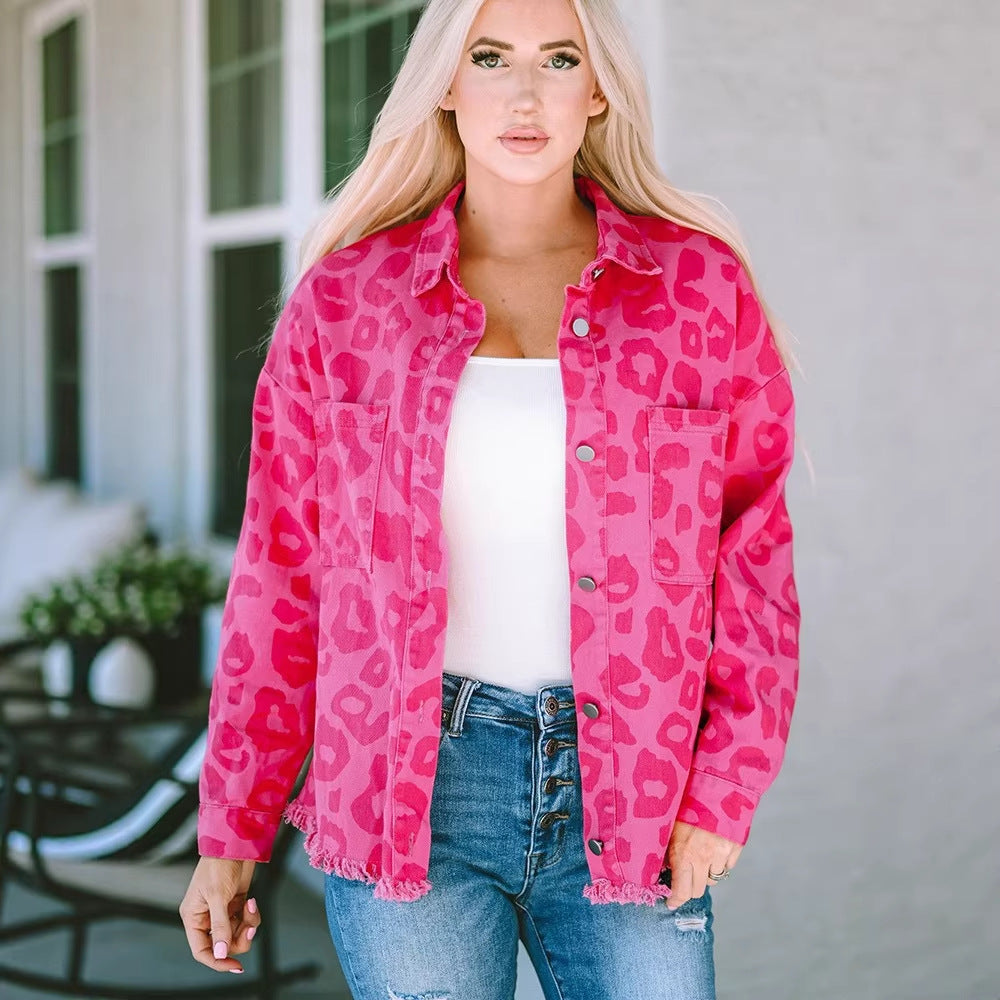 Leopard-Print Denim Fashion Button-Up Jacket For Women