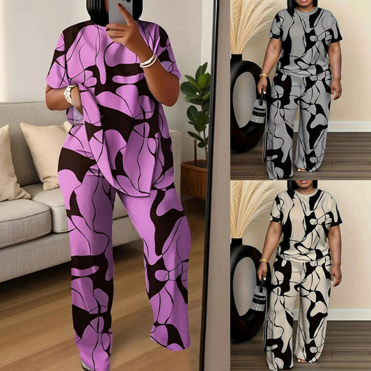 Plus-size Womens Black And Gray Printed Outfit Set
