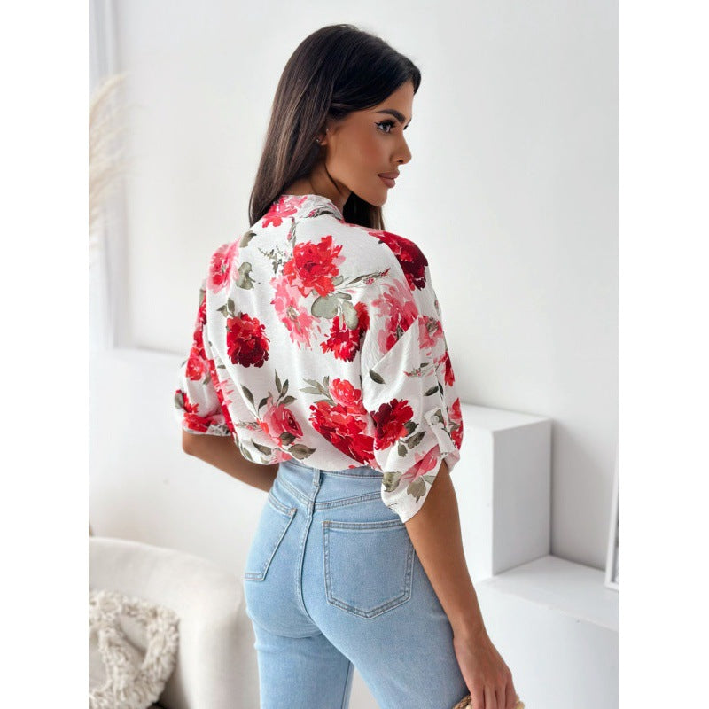 Loose Casual Print Shirt Half Collar Top