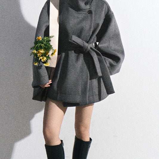 Womens Wool Coat With A Stand Collar And A Defined Waist