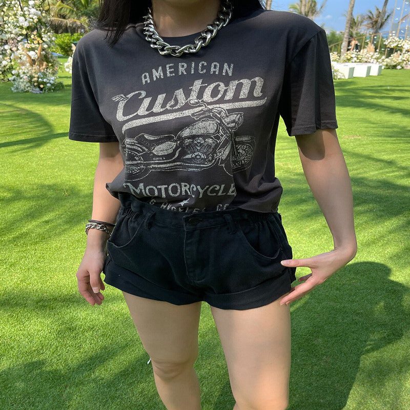 Style Retro Distressed Printed Short-sleeved Women's Round Neck Loose