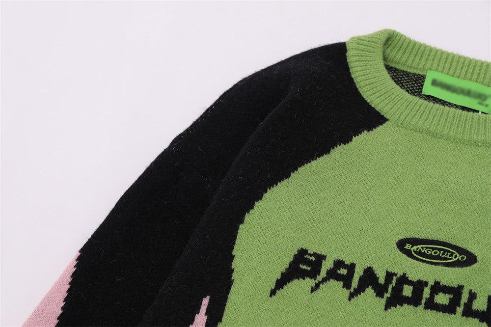 National Fashion Stitching Contrast Color Jacquard Round Neck Sweater