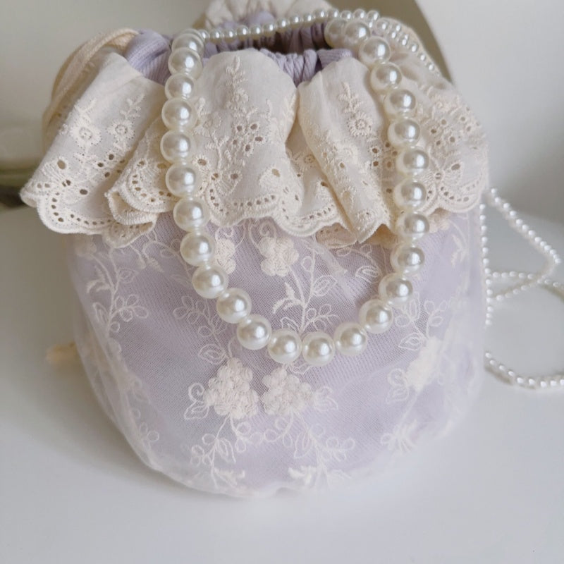 Lace With Beaded Chain Trim Bucket Bag Shoulder Bag