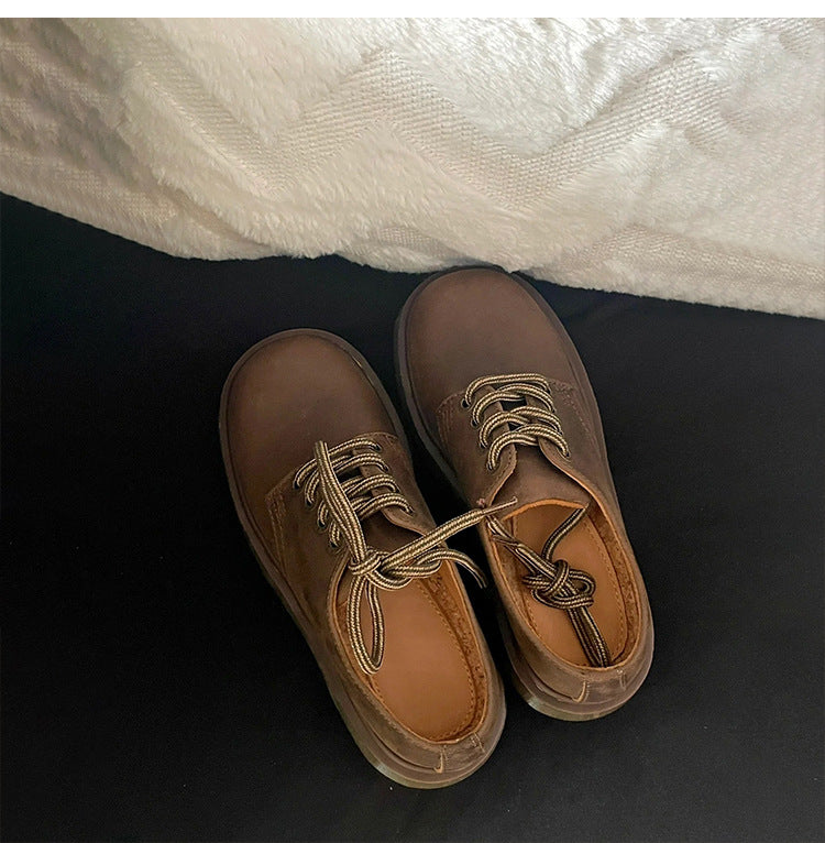 Women's Leather Round Head Thick-soled Muffin Leather Shoes