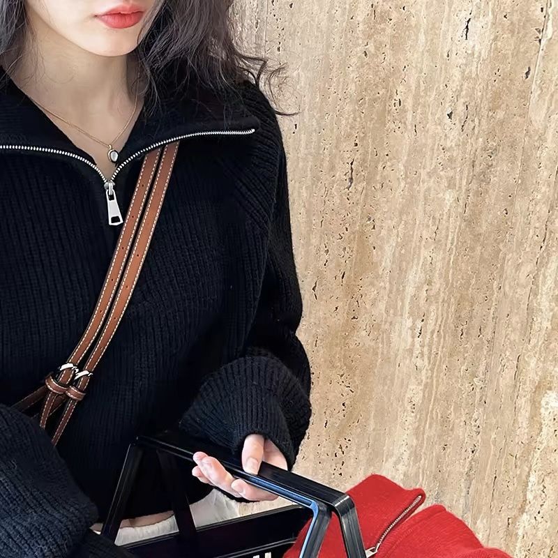 Fashion Zipper And Lapel Sweater For Women
