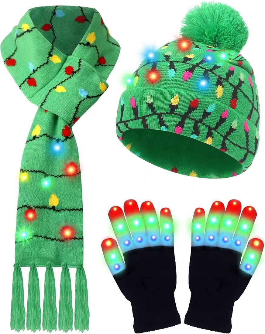 LED Christmas Knitted Hat Scarf Gloves Three-piece Set