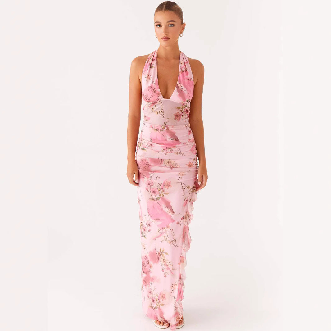 Body-hugging Halter-neck Sexy V-neck Dress With Ruffled Hem And Side Slit