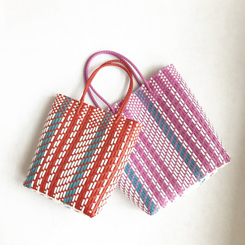Plastic Hand Braided Stripe Shopping Shoulder Bag