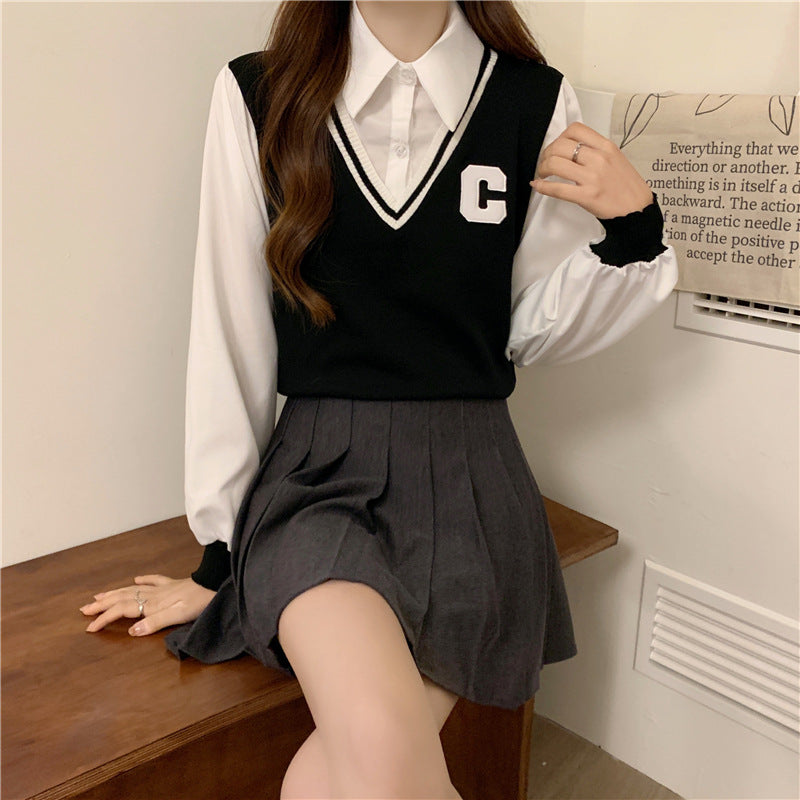 College Style Vest Autumn Outer Wear Knitted Sweater For Women