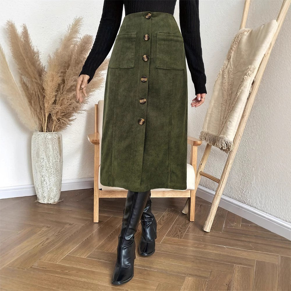 Leisure Commute Elastic Waist Breasted Patch Pocket Mock Fly Straight Mid-length Skirt