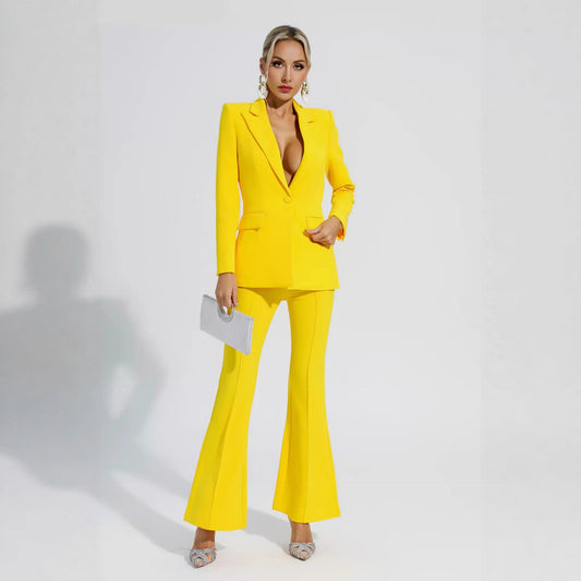 Solid-Color Casual Slim-Fit Flare Long-Sleeve Pantsuit
