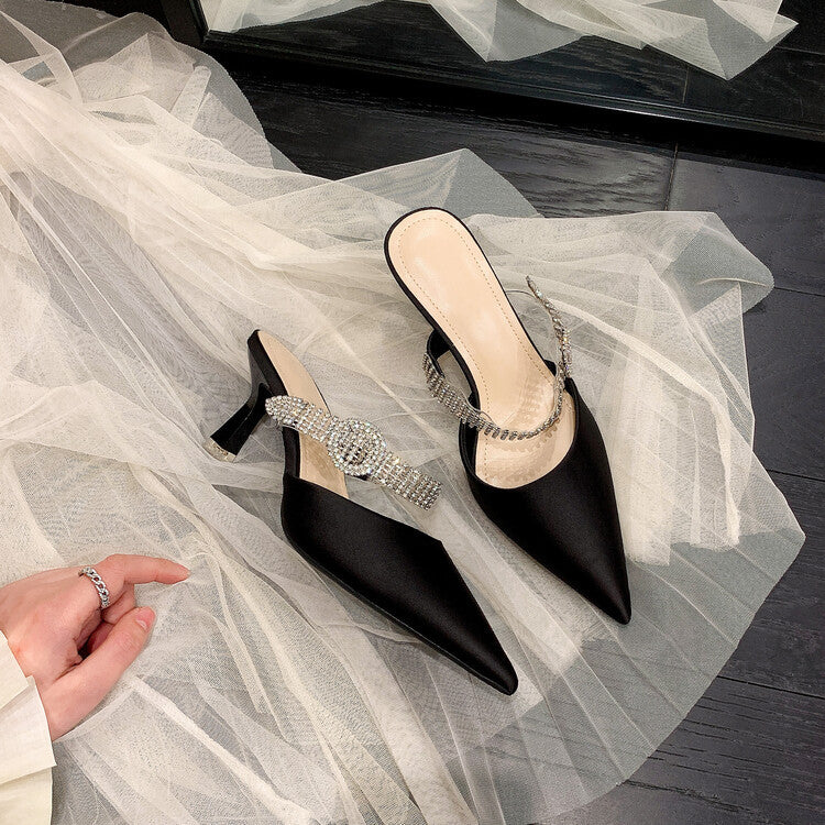 Korean Style Pointed Toe Stiletto Rhinestone Buckle Mules