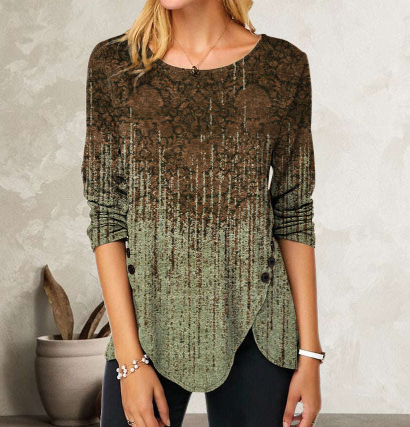 Digital Retro Printed Button Irregular Hem Round Neck Long Sleeve 3D