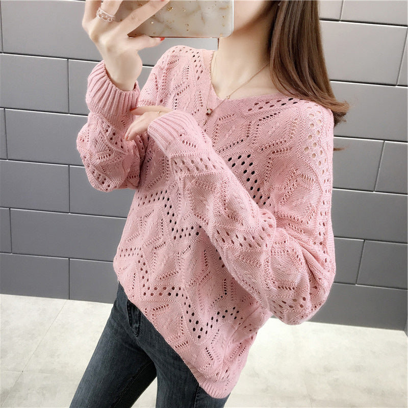 V-neck Loose Hollow-out Pullover Knitwear Batwing Sleeve Thin Sweater