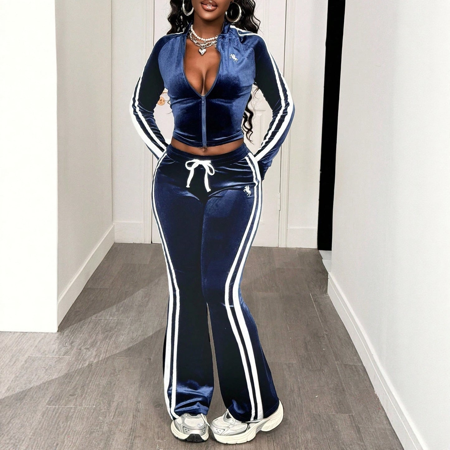 Athletic All-Match Striped Long-Sleeve Jacket And Drawstring Pants Set