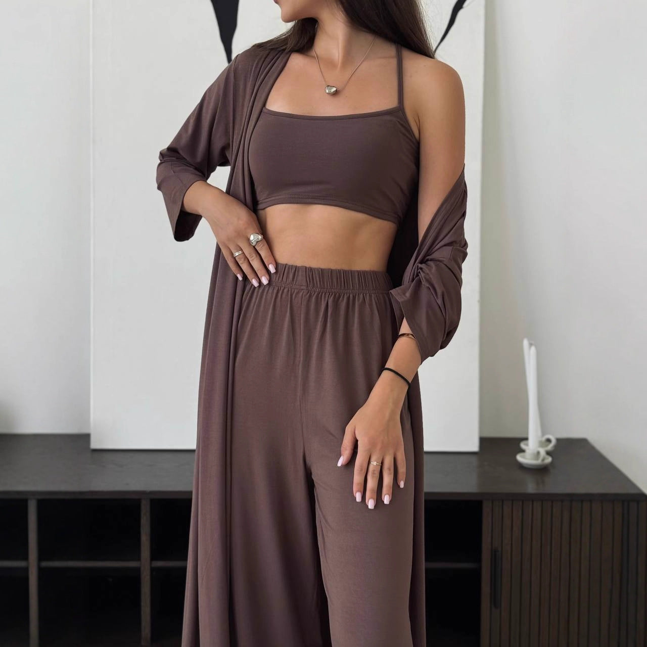 Women's Casual Long-sleeved Cardigan High-waisted Trousers Vest