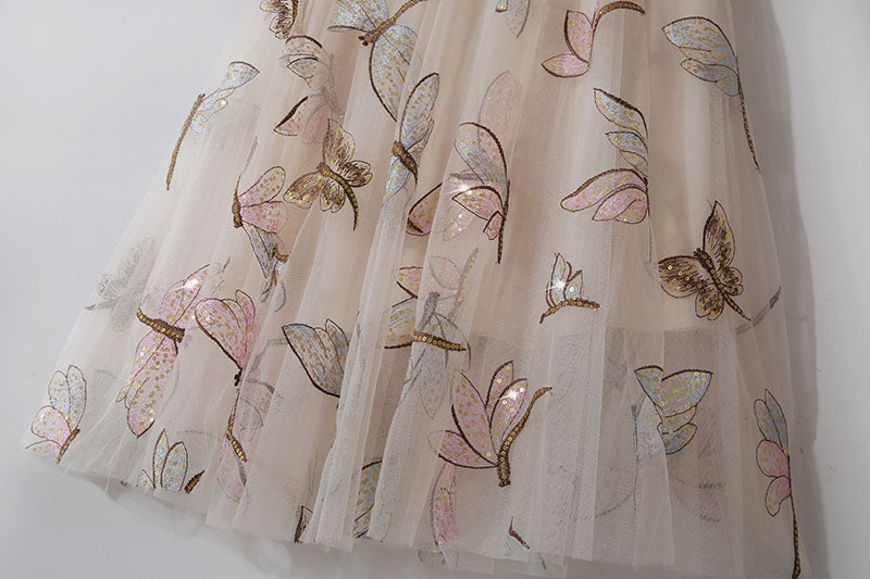 Golden Silk High Waist Sweet Slim Retro Lace Dragonfly Sequin Embroidery Mid Length Skirt