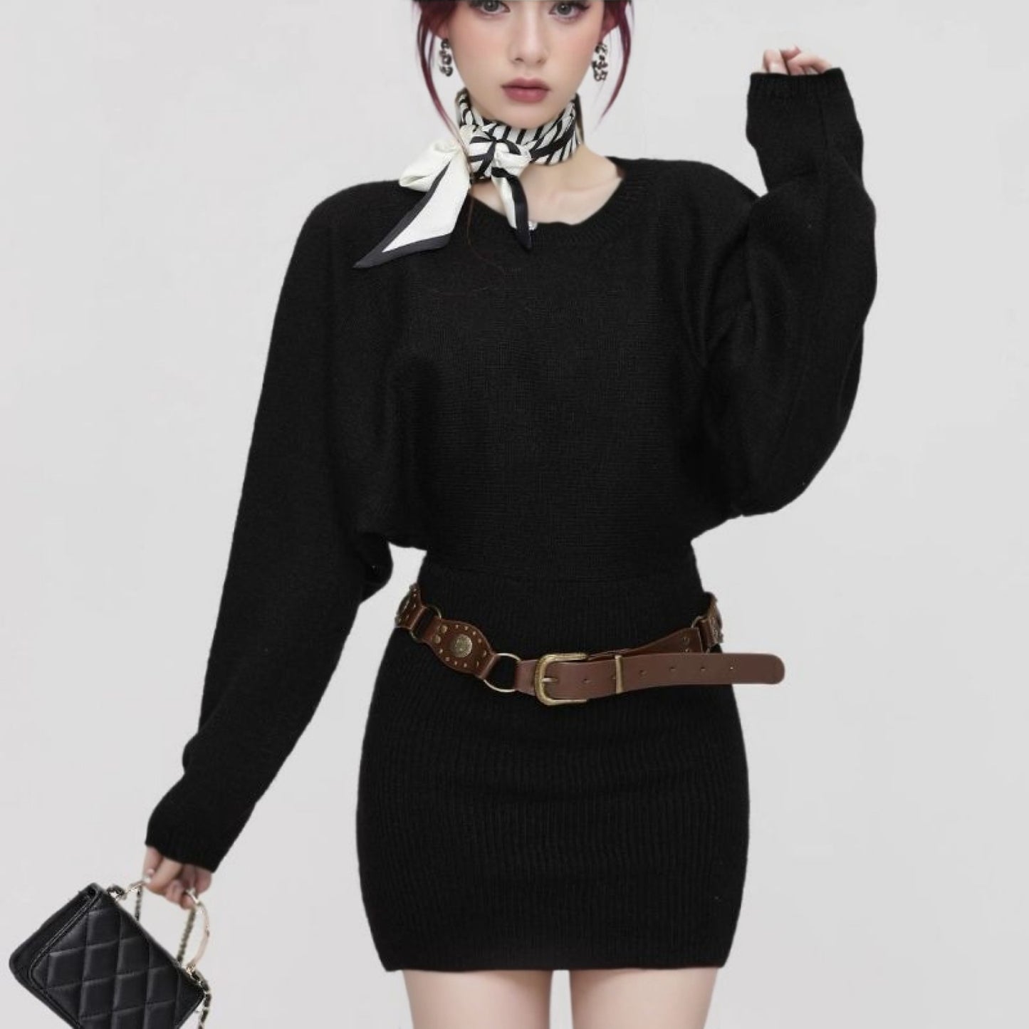 Womens Cinched Sheath-Fit Pure-Desire Knitted Sweater Dress For Layering