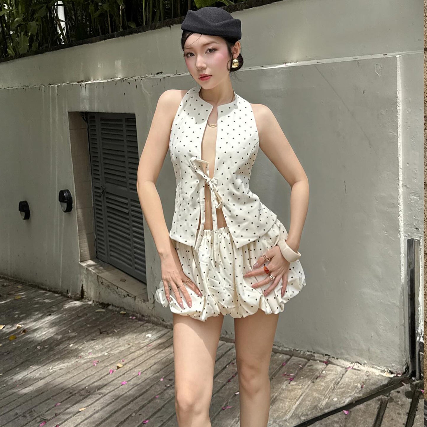 Sexy Cutout Backless Polka-Dot Halter Top And Low-Waist A-Line Skirt Set