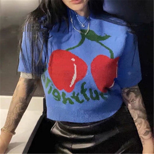 Women's Spring Cherry Design Niche Pullover Sweater Top