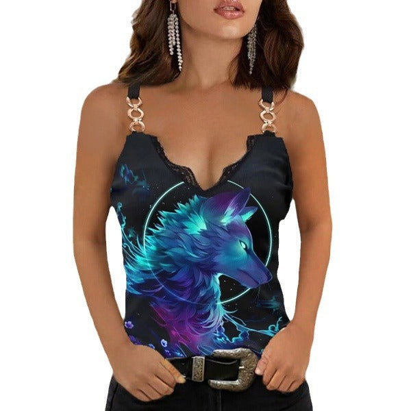 Summer V-neck Lace-Trimmed Printed Camisole